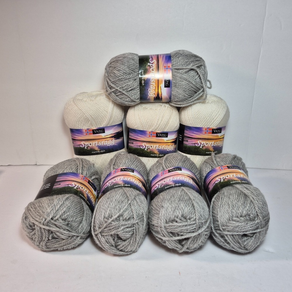 Viking Sportsragg 50g Norwegian Wool Blend Yarn Cream (3) Grey (5) Skeins
